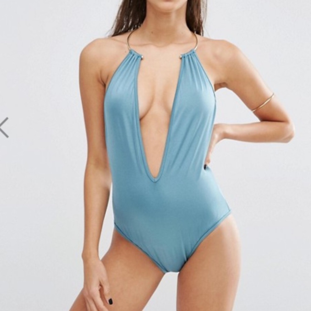 ASOS Gold Necklace Trim Plunge Swimsuit Frost blue